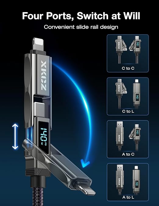 4 in 1 USB C Cable with Wattage Display, 140W Round Nylon Braided Multi Charging Cable with Data Sync, USB C Charging Cord Combo Type C/USB A/iPhone Port for iPhone/iPad/Samsung/Laptop, 5FT