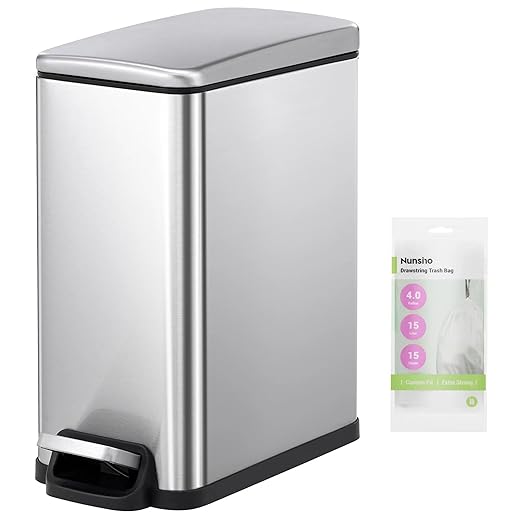 Nunsino Small Bathroom Trash Can with 15 Garbage Bags,2.6 Gallon Stainless Steel Garbage Can with Lid Soft Close,Small Trash Bin for Bathroom,Kitchen,Home Office,Silver