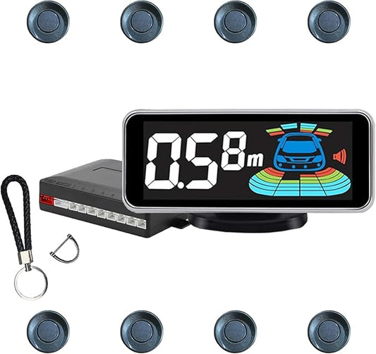 Backup Parktronic System Car Auto Vehicle Reverse with 8 Parking Sensors kit, LCD Display, Distance Detection (Meter/Foot Switchable), Buzzer Alarm and Voice Prompt Function（Livid Grey）