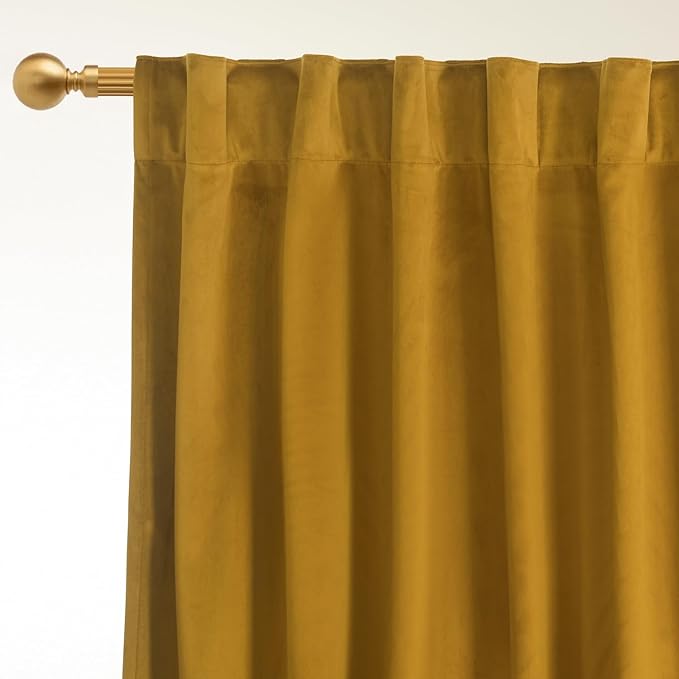 Roslynwood Luxury Soft Olive Yellow Velvet Curtains 72 inches Long Back Tab Thermal Insulated Blackout Window Drapes for Living Room/Bedroom/Dining Room, W52 x L72, 2 Pcs