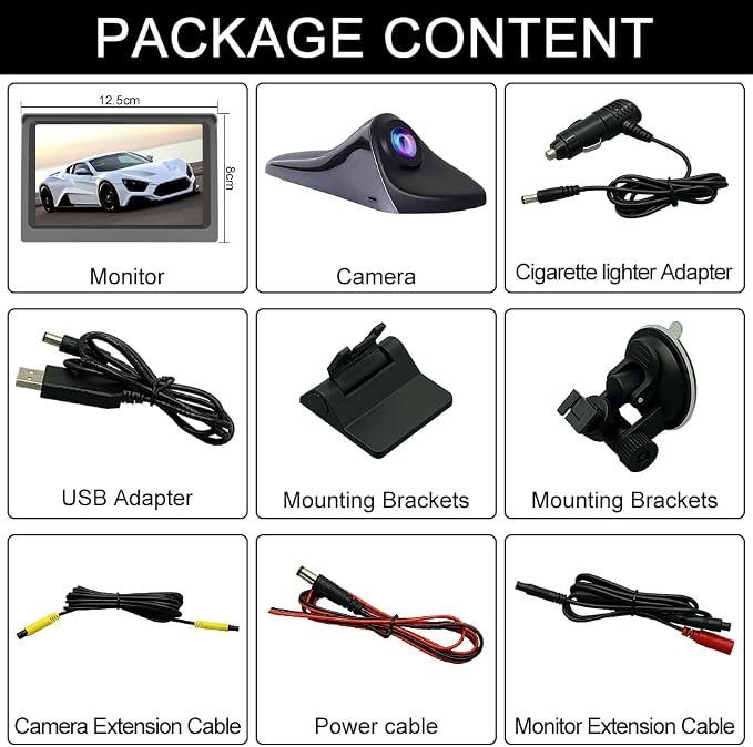 Side View Camera 5 inch HD Surveillance System, IP68 Waterproof Blind spot Camera with HD LCD Screen Parking Assistance System, Black
