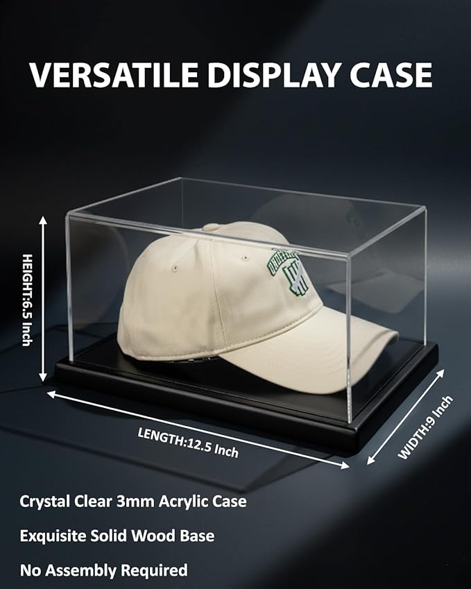 Hat Display Case, Clear One-Piece Acrylic Baseball Cap Showcase with Solid Wood Base & Hat Shaper, UV Protection Memorabilia Display Box for Signed Caps, No Assembly Required (12.5" x 9" x 6.5")
