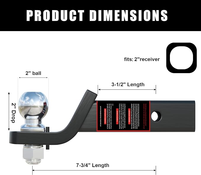 TYT Trailer Hitch Ball Mount with 2 Inch Ball & Pin, Fits 2 Inch Receiver, 7500lbs, 2 Inch Drop, Upgraded Hitch Kit Black with Anti-Rattle Pin