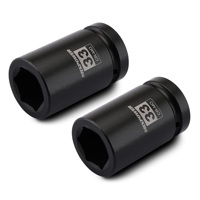 MIXPOWER 2 Pieces 1 Inch Drive Deep Impact Socket, CR-MO, 33mm, 6 Point, Radius Corner Design, Axle Nut Impact Grade Socket for Easy Removal, 2PCS Set