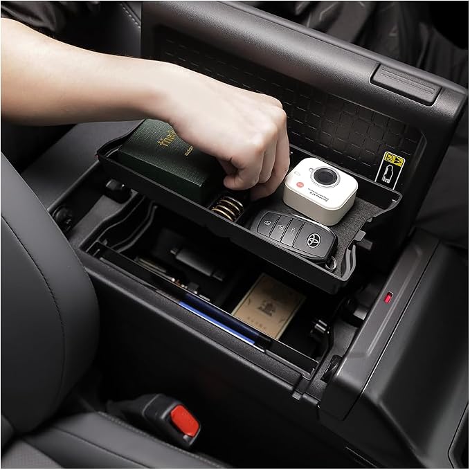 For 2026 Toyota RAV4 3PCS Double Layer Center Console Organizer Tray ABS Armrest Storage Box Easy to Pick Up&Install, 6th Gen Hybrid&Plug-in Hybrid Interior Accessories
