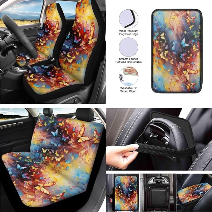 Colorful Butterfly Hand Drawing 13 Pcs Seat Covers Full Set Rainbow Butterfly Art Painting Front Back Seat Covers Steering Wheel Seatbelt Strap Cover Cup Mat Keychains