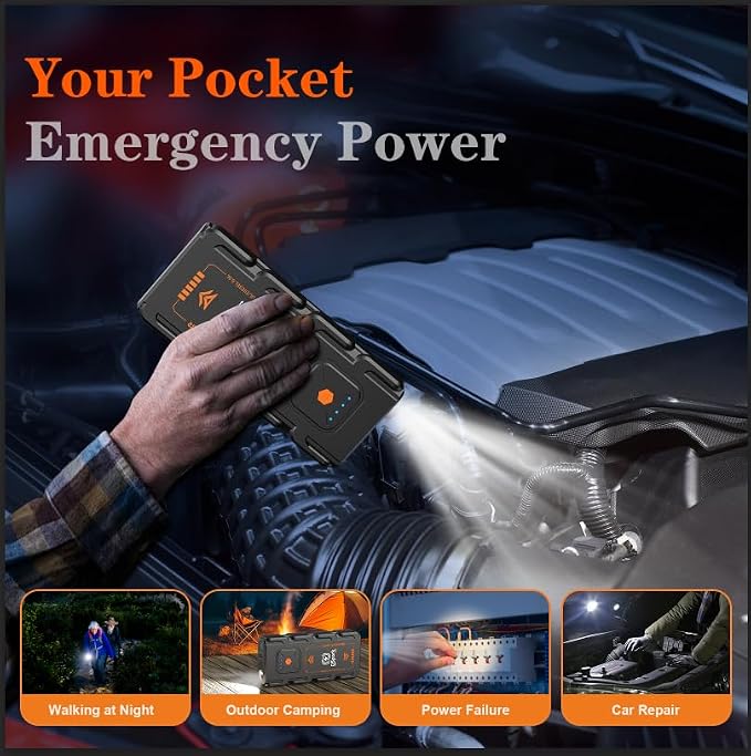 Compact 2000A Car Jump Starter, Ultra-Portable & Beginner-Safe Battery Booster for Up to 7.0L Gas / 6.5L Diesel, Lightweight 12V Jump Box with USB Fast Charge & LED Emergency Light