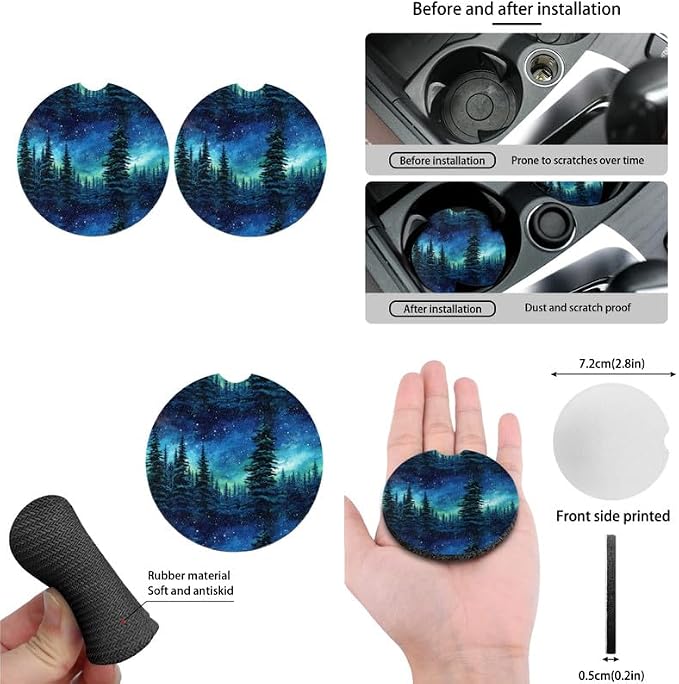 Starry Night Forest Hand Drawing Car Seat Cover Full Set Universal Starry Sky Tree Painting 13 Pcs for Front and Back Seat Cover Keychains for Trucks Sedan SUV