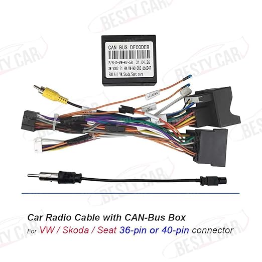 16pin Car Radio Stereo Power Wiring Harness Cable w/Can Bus decoder Compatible for VW Jetta/CC/Polo/Passat/Golf Skoda