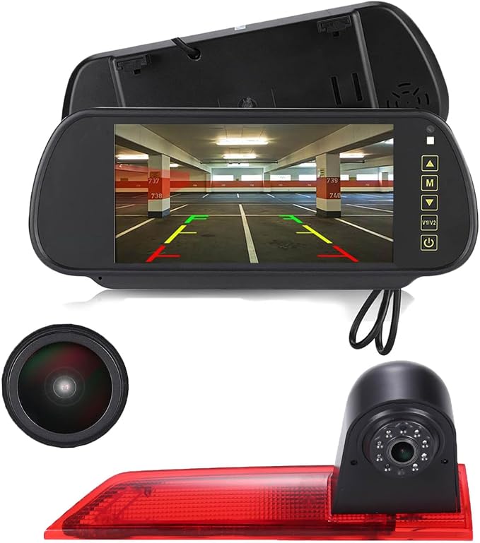 18mm HD Car Third Roof Top Mount Brake Light 3 Rear View Camera Parking Safety Assistant System, Night Vision Waterproof for Ford Transit Custom 2012-2016 (with 7-inch Rearview Mirror)