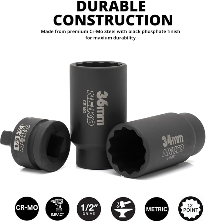 NEIKO 02530A 5 Piece 12 Point Socket Set 1/2” Drive, Lug Nut Remover, Spindle Nut Socket, Axle Nut Socket Set, Metric 30mm - 36mm Socket 1/2 Drive Impact Set, Cr-Mo Impact Adapter, 3/4" - 1/2” Reducer