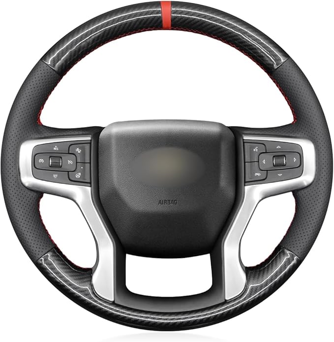 MEWANT Steering Wheel Cover for Chevy Silverado 1500 2019-2024/2500 3500 2020-2024/Blazer 2019-2024/Suburban Tahoe 2021-2024 Carbon Fiber Hand-Stitched Steering Wheel Wrap