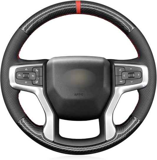 MEWANT Steering Wheel Cover for Chevy Silverado 1500 2019-2024/2500 3500 2020-2024/Blazer 2019-2024/Suburban Tahoe 2021-2024 Carbon Fiber Hand-Stitched Steering Wheel Wrap