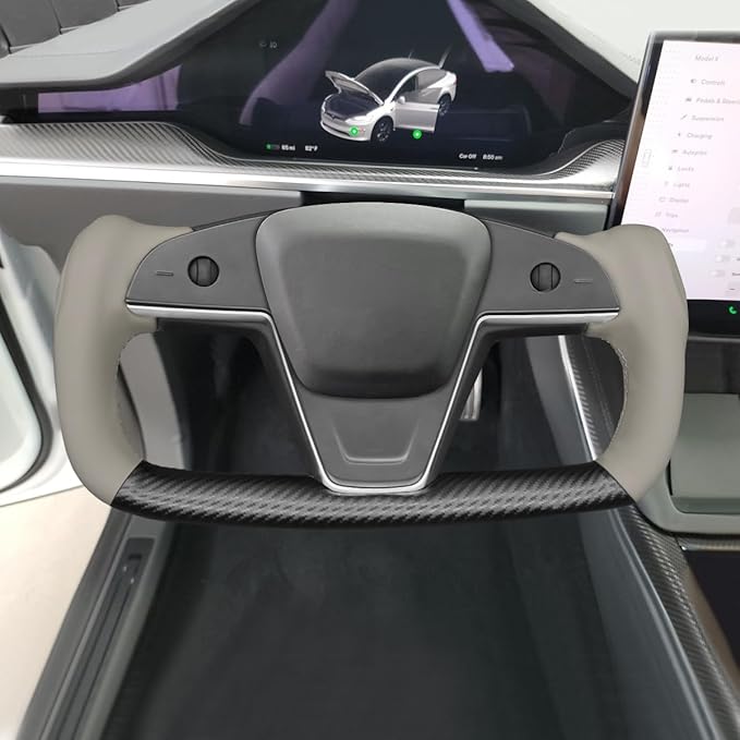 MEWANT DIY Grey Genuine Leather Black Matte PU Carbon Fiber Steering Wheel Wrap for Tesla Model S Plaid Yoke Model X