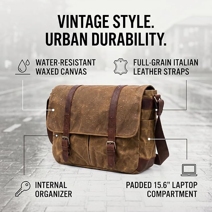 Vintage Genuine Leather Waxed Canvas Briefcase Large Satchel Shoulder Bag Rugged Computer 15.6" Laptop Bag