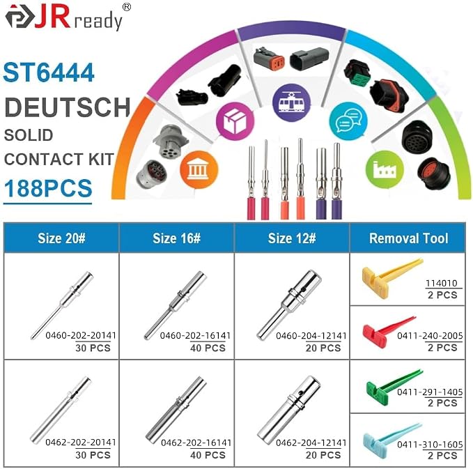 JRready 188PCS Deutsch Connector Pin & Socket Kit, Barrel-Style Solid Terminals Size 12/16/20, 12–22 AWG, with Pin Removal Tool, for DT/DTM/DTP/DTHD/HD Series