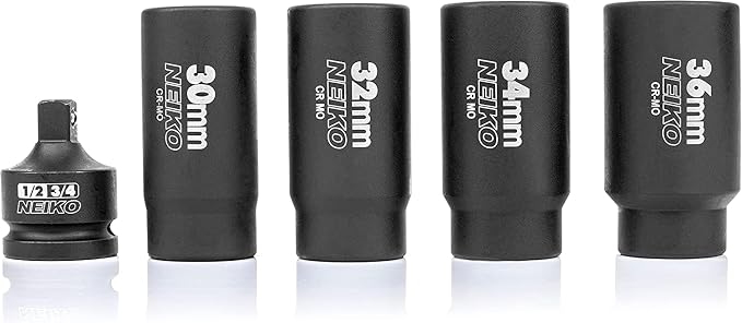 NEIKO 02530A 5 Piece 12 Point Socket Set 1/2” Drive, Lug Nut Remover, Spindle Nut Socket, Axle Nut Socket Set, Metric 30mm - 36mm Socket 1/2 Drive Impact Set, Cr-Mo Impact Adapter, 3/4" - 1/2” Reducer