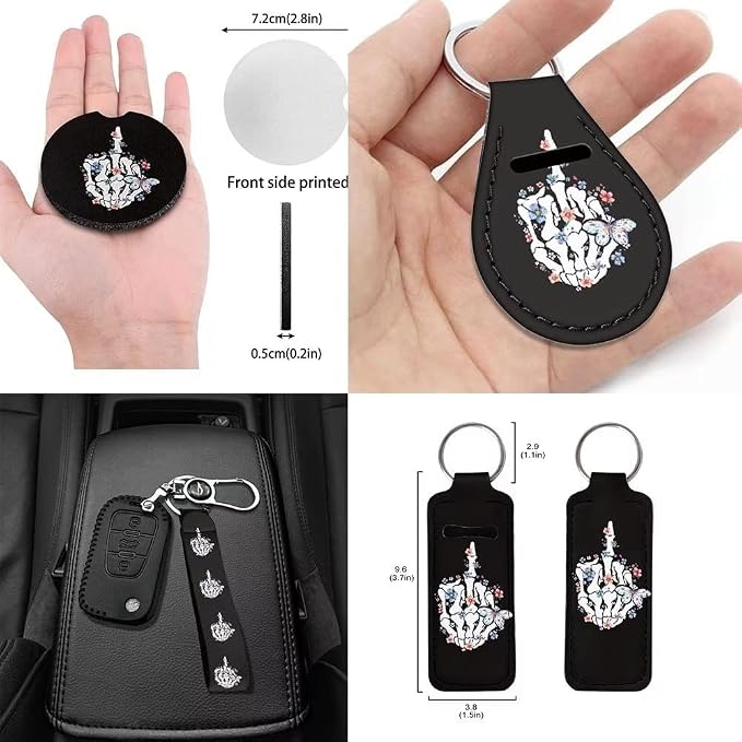 Skeleton Hand Butterfly Middle Finger Print 12 Pieces Skull Car Accessories Interior Seat Covers Full Set with Steering Wheel Covers+Seat Belt Pad+Keychain+Cup Coasters+Lipstick Holder