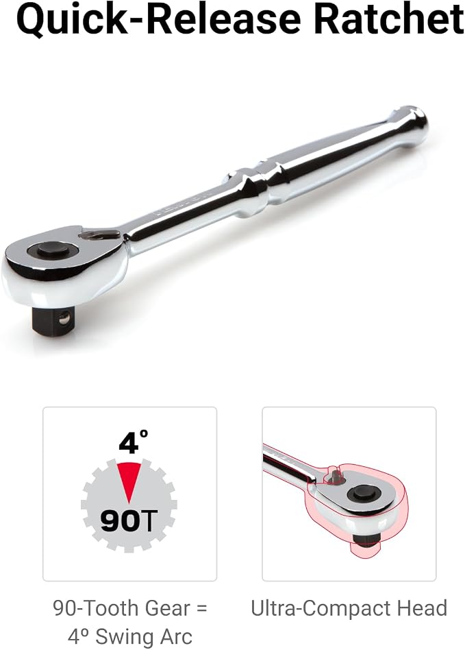 TEKTON 1/4 Inch Drive 6-Point Socket and Ratchet Set with Rails and Tray, 35-Piece (4-15 mm) | SKT03201