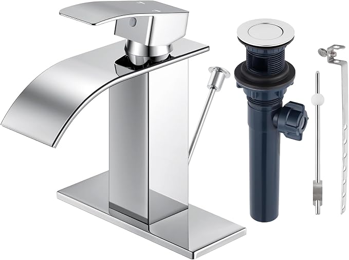 Chrome Bathroom Faucet with Lift Rod Drain, Waterfall Bathroom Sink Faucet Modern Single Handle Bathroom Faucte 1 or 3 Hole, RV Mixer Tap Vanity Faucet Washbasin Faucet with Deck