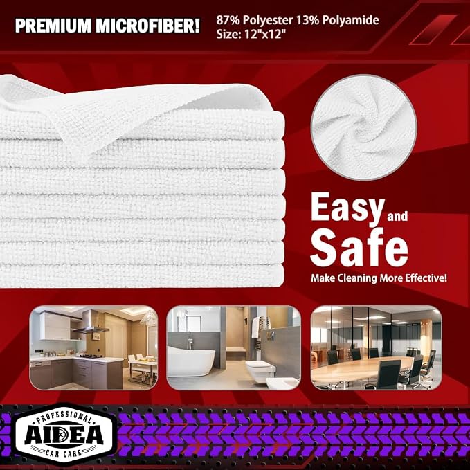 AIDEA Microfiber Cleaning Cloth White 5PK, Microfiber Towels for Cars, Premium Car Cloths, Dusting Cloth Lint Free Cleaning Rags for SUVs, House, Kitchen, Window, Workshops,12×12"