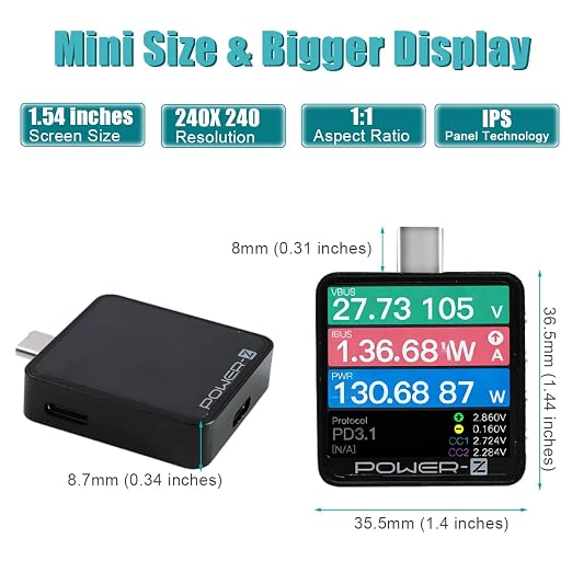 KM003C USB-C Tester PD3.2 Fast Charging Diagnostic Analyzer Tool | 1.54 Inch LCD Display, 20 Bit ADC Resolution, ARM Cortex-M4 Processor, 50V 6A 240W Max Power, Type-C Voltmeter Component