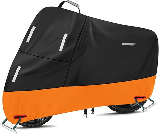SECELES Motorcycle Cover Waterproof Outdoor Adventure Cruiser Touring Universal Fit Motorbikes Vehicle Cover for Street Glide Road King Goldwing(XXXXL 108" x 37" x 55" Black&Orange)