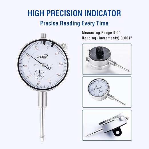 KATSU Tools Dial Indicator with Magnetic Base and 22 Pieces Indicator Points Set, 0-1.0" Tester Gauge, 0.001" Precision, Fine Adjustment, Measuring Toolkit in Storage Case 401111