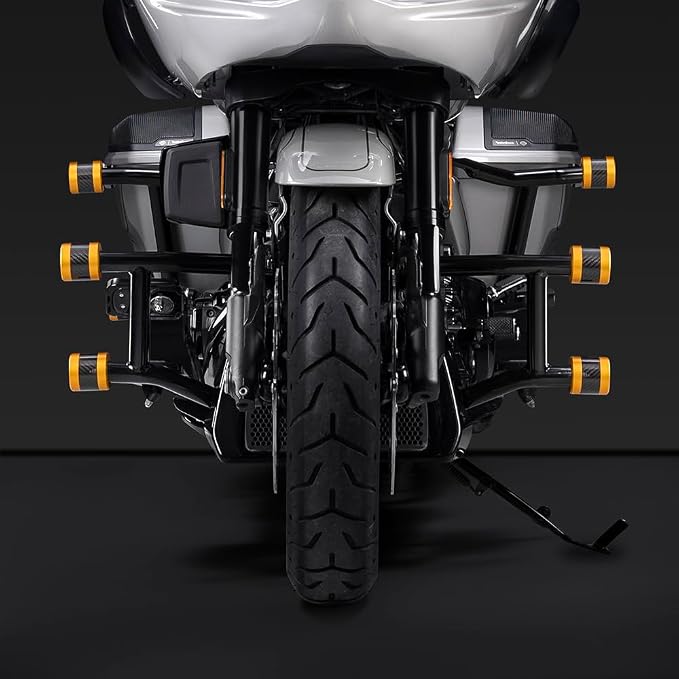 Advanblack ProTek Machined Harley Crash Bar Sliders 1.25" Decorative Wheel Rotatable End For Front Engine Guard Rear Saddlebag Guards (Gold CNC w/Carbon Inlay)
