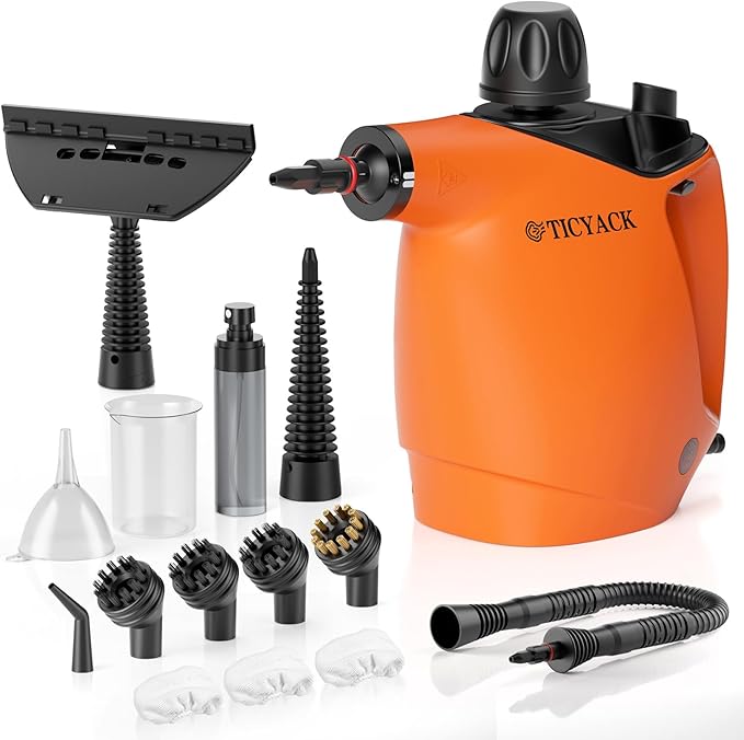 TICYACK Handheld Steam Cleaner, Steam Cleaner with 16 PCS Accessory & Safety Lock,500ML Capacity, Multi-Surface Deep Cleaning for Home, Car, Bathroom, Grout, Floor, Window (Orange)