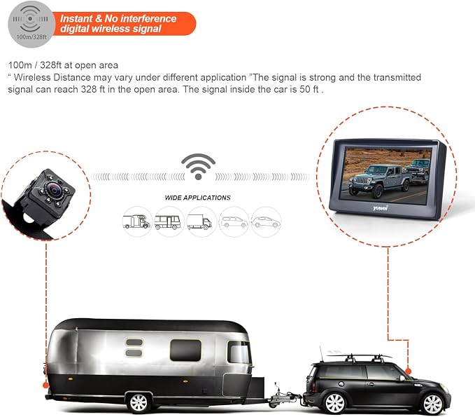 Digital Wireless Backup System, Waterproof and Night Vision Wireless License Plate Rear View Camera + 4.3’’ Wireless Display for RV, Cars, Truck, Vans