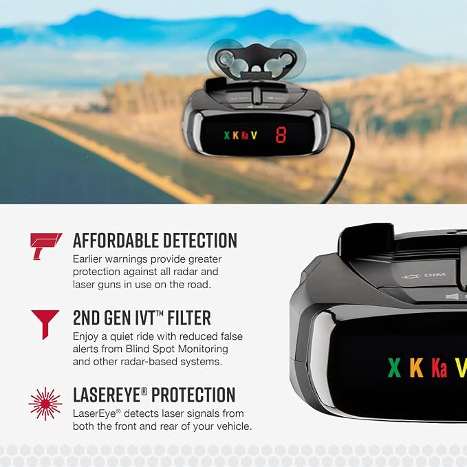 Cobra RAD 380 Laser Radar Detector + OBDII Power Cord Bundle – Long Range Detection, LaserEye Front and Rear Detection, IVT Filtering, Adjustable Sensitivity, Digital Signal Processing, Black