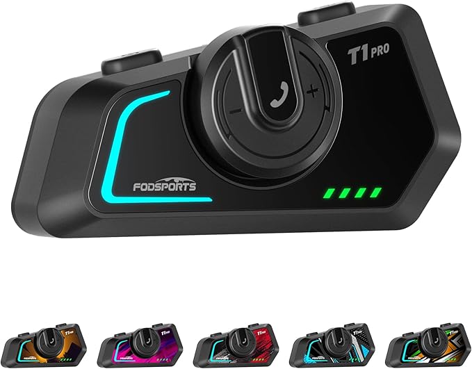 Fodsports T1 PRO Motorcycle Intercom V5.4 with Music Sharing, One-Click Switching for 4 Functional Modes, 6-Way Motorcycle Helmet Headset, FM/5 Stickers/Noise Cancellation/Stereo Music, 1 Pack