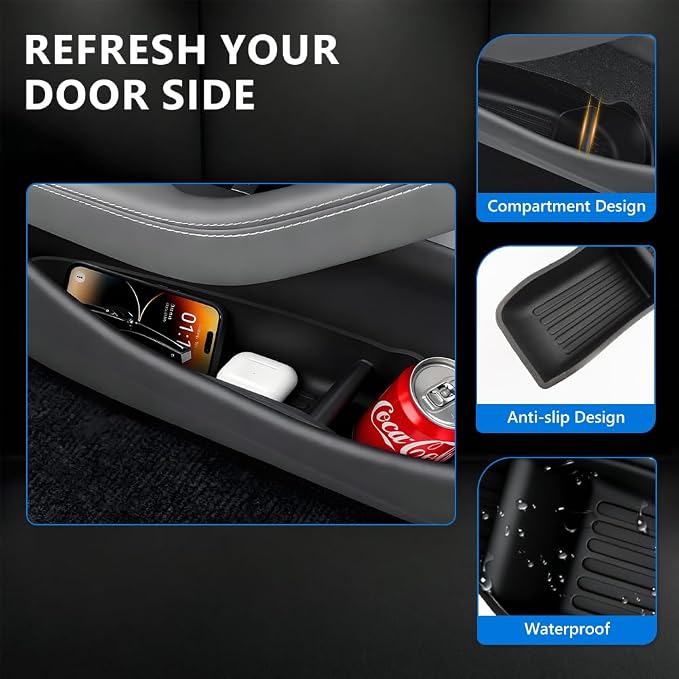 4 PCS Door Side Storage Box Compatible with 2025 2026 TES-la Model Y Juniper, [Durable & Sturdy] TPE Door Side Pocket Organizer Tray, Front & Rear Side Organizer Tray Protector Liner Black