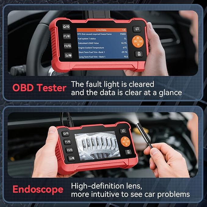 2-in-1 OBD2 Scanner with Inspection Borescope, Read & Clear Check Engine Codes, 3-Minute CCA Battery Tester, DIY Pre-Trip Safety Diagnostic Tool for All 1996 & Newer OBDII Vehicles