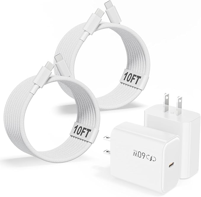 40-60W Fast USBC Charger Block iPhone 17 Fast Charging,10FT Braided Long 2Pack USBC to USBC Cable Compatible with iPhone 17/17Air/16e/16Pro/16ProMax/15Pro/ProMax,iPadPro/iPadAir,iPadmini,iPad,AirPods