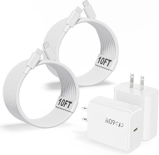 40-60W Fast USBC Charger Block iPhone 17 Fast Charging,10FT Braided Long 2Pack USBC to USBC Cable Compatible with iPhone 17/17Air/16e/16Pro/16ProMax/15Pro/ProMax,iPadPro/iPadAir,iPadmini,iPad,AirPods