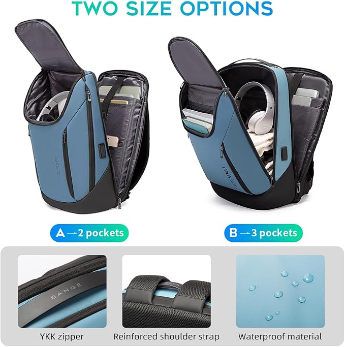BANGE Business Smart Backpack Waterproof fit 15.6 Inch Laptop Backpack with USB Charging Port,Travel Durable Backpack (Light Blue(three Pocket), Medium)