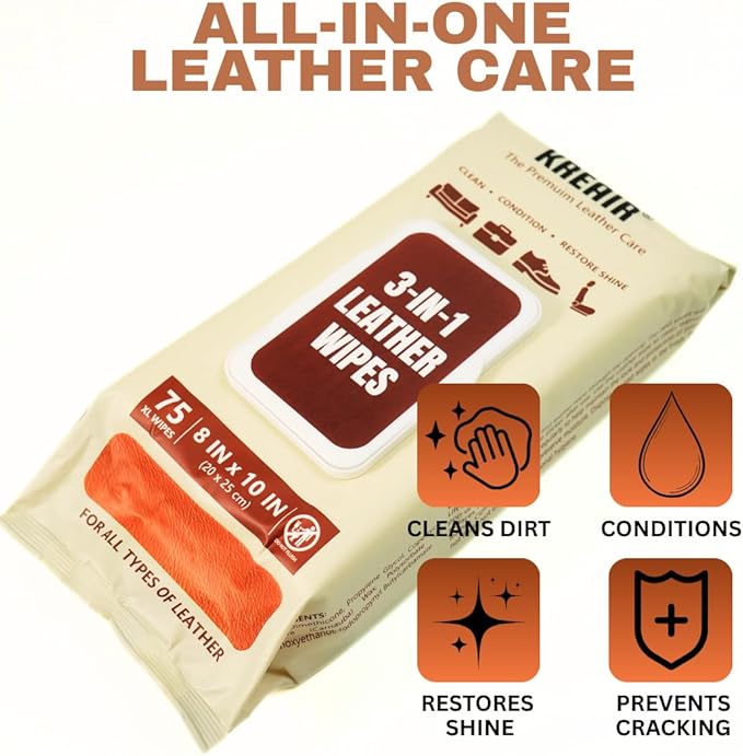 3in1 Leather Wipes 225 XL Count, Clean, Condition & Restore Shine, Extra-Large 8"x10" Wipes for Car Seats, Shoes, Furniture & Bags, Thick, Durable & Non-Linting, Safe for All Leather Types