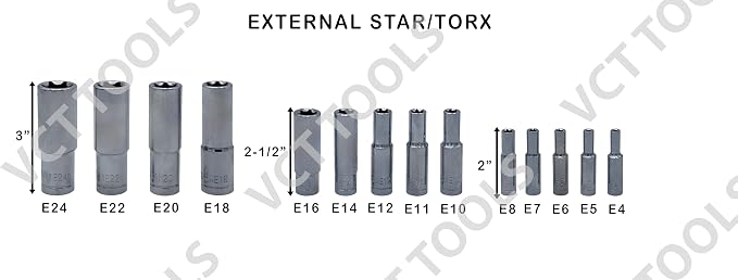 VCT 60PC Master Deep Long 6-Point Star Plus Socket Bit, Tamper Proof, Torx, and External Star/E-Torx Deep Socket Set
