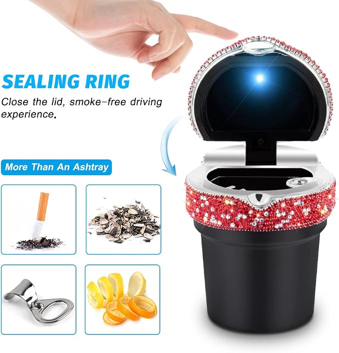 eing Car Ashtray Portable Bling Cigarette Smokeless Cylinder Cup Holder with Blue LED Light Indicator and 2 Replacement Batteries,Car Accessories for Women,Ideal for Car,Home and Office,1-Pack Red