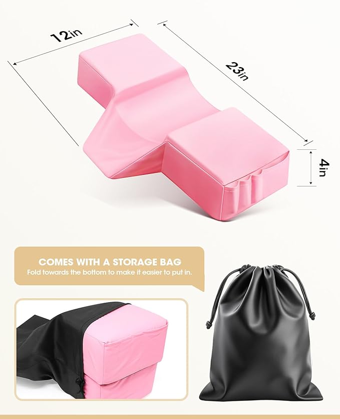 Onism 23'' Extra Wide Lash Pillow for Eyelash Extensions, Waterproof PU Leather Memory Foam Neck Support, Ergonomic Salon Grafting Headrest with Side Organizers, Pink