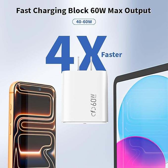 40-60W Fast USBC Charger Block iPhone 17 Fast Charging,10FT Braided Long 2Pack USBC to USBC Cable Compatible with iPhone 17/17Air/16e/16Pro/16ProMax/15Pro/ProMax,iPadPro/iPadAir,iPadmini,iPad,AirPods