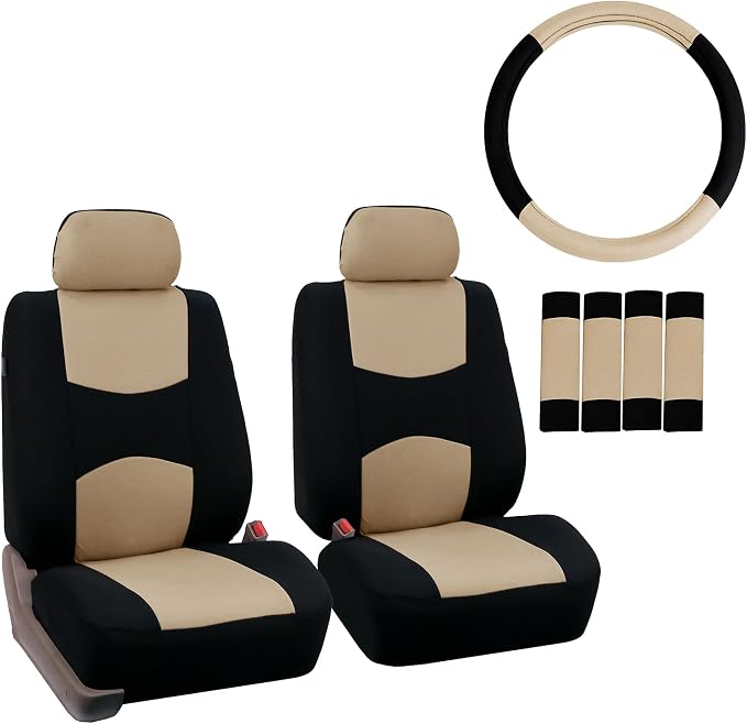 FH Group Car Seat Covers Flat Cloth Front Seats Only Beige Automotive Seat Cover, Airbag Compatible Universal Fit Interior Accessories Cars Trucks SUV Combo Steering Wheel Cover & Seat Belt Pads