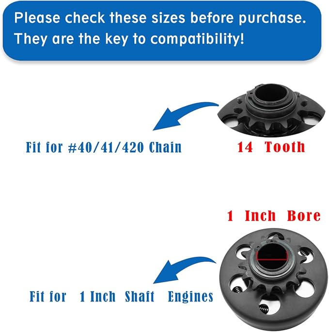Go Kart Centrifugal Clutch 1" Bore 14 Tooth and #40/41/420 Chain Fit for Go Kart, MiniBike, Lawnmower, Mini motorcycles, 212CC 6.5-8HP Engines performance Parts, Up to 2300 RPM.