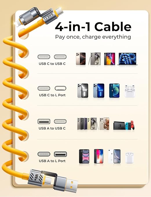 Coiled Cable 4-in-1 USB C Cable 100W Compatible with Lightning Cable Fast Charging & Data Transfer, Support to CarPlay & Android Auto, 5FT Multi Cord Combo Charger for iPhone/iPad