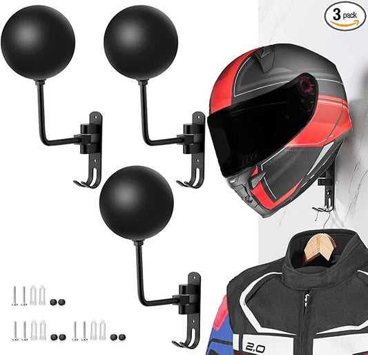 SANGMO 3 Pack 180° Motorcycle Helmet Rack, Rotation Metal Helmet Holder Wall Mount, Helmet Holder Bike with 2 Hooks Helmet Hanger for Motorcycle Bike Coats, Caps, Baseballs, Rugby Helmet(3 Pack)