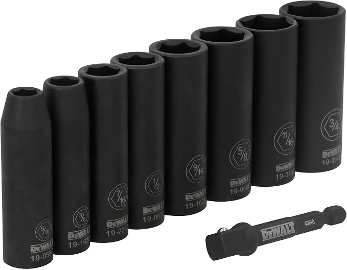 DEWALT Impact Socket Set, 3/8 Drive 9 Pcs Standard SAE Deep Socket Set, 6 point, 5/16 Inch to 3/4 Inch, Includes 1/4 inch Adapter (DWAFSFSET9)