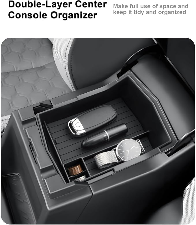 2025 Forester Center Console Organizer - 4 Pcs Set Double-Layer Center Console Organizer+Hidden Organizer Box+Silicone Cup Holder+Charging Mat For 2025 Subaru Forester/Hybrid Accessories(4 Packs)