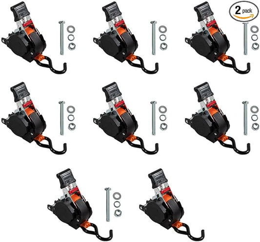 Mytee Products 8 Pack 1''x10' Bolt on Orange Retractable Ratchet Straps for Cargo - Coated S Hook Auto Retract Ratchet Straps - Self Ratcheting Strap for Boat Tie Down to Trailer & Jet Ski, ATVs